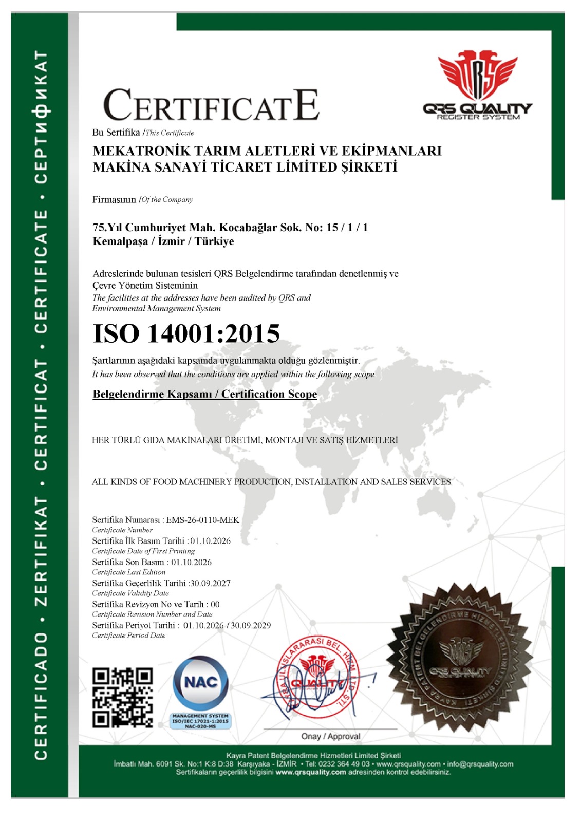 Copia escaneada del certificado ISO 14001:2015